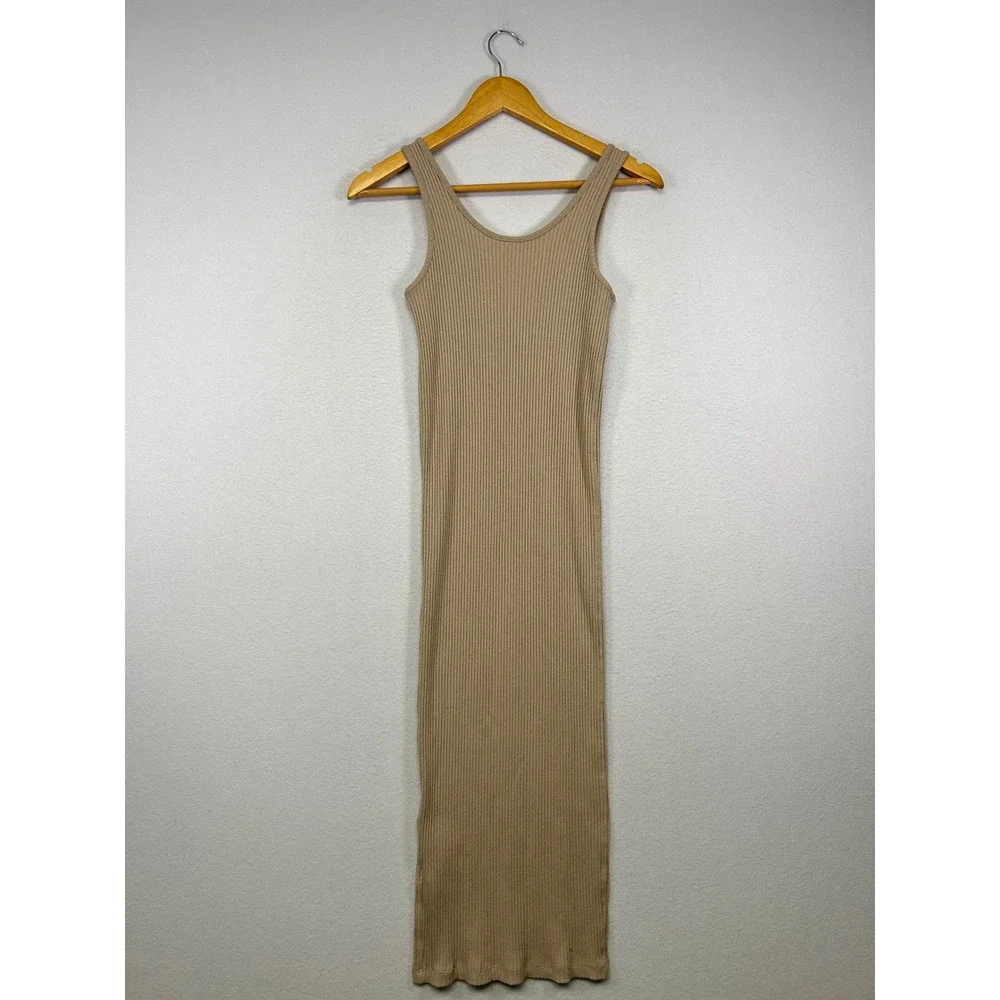 Minimalist H&M Women Med Tan Ribbed Knit Sleeveless Scoop Neck‎ Midi Tank Dress